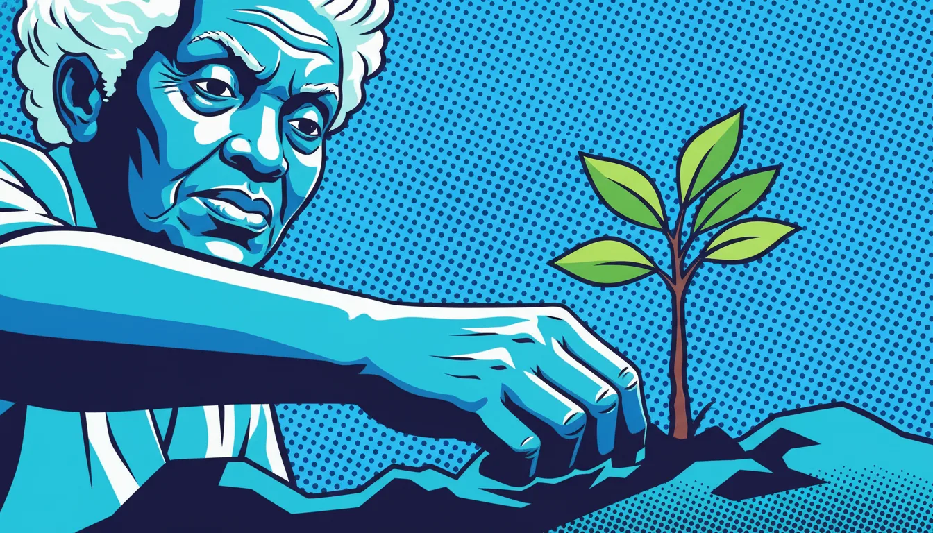 An elderly Black woman planting a sapling tree, in reference to legacy planning versus financial planning.