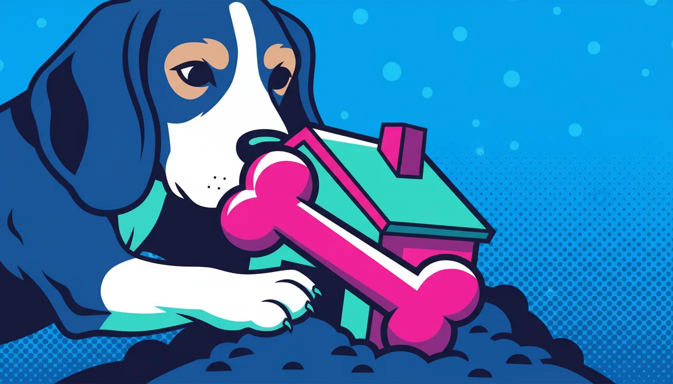 Beagle dog burying a house-shaped bone, in reference to transfer on death deeds.
