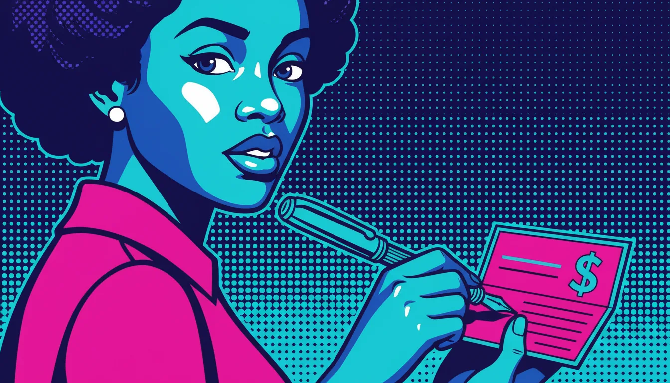 Young Black woman confidently writing a check, viewed from over her shoulder, in reference to estate accounts versus trust accounts.