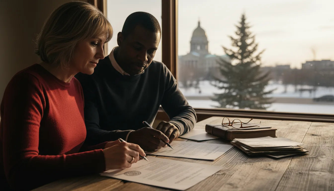 Two people reviewing documents at a wooden table with a city capitol building visible through the window behind them