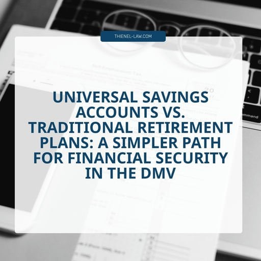 Article title about universal savings accounts and retirement plans displayed on laptop with glasses and documents