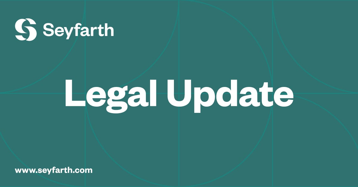 Seyfarth logo and "Legal Update" text on teal background with geometric pattern