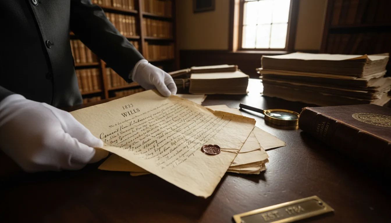 Person in white gloves examines a dated historical will document sealed with wax on a library desk