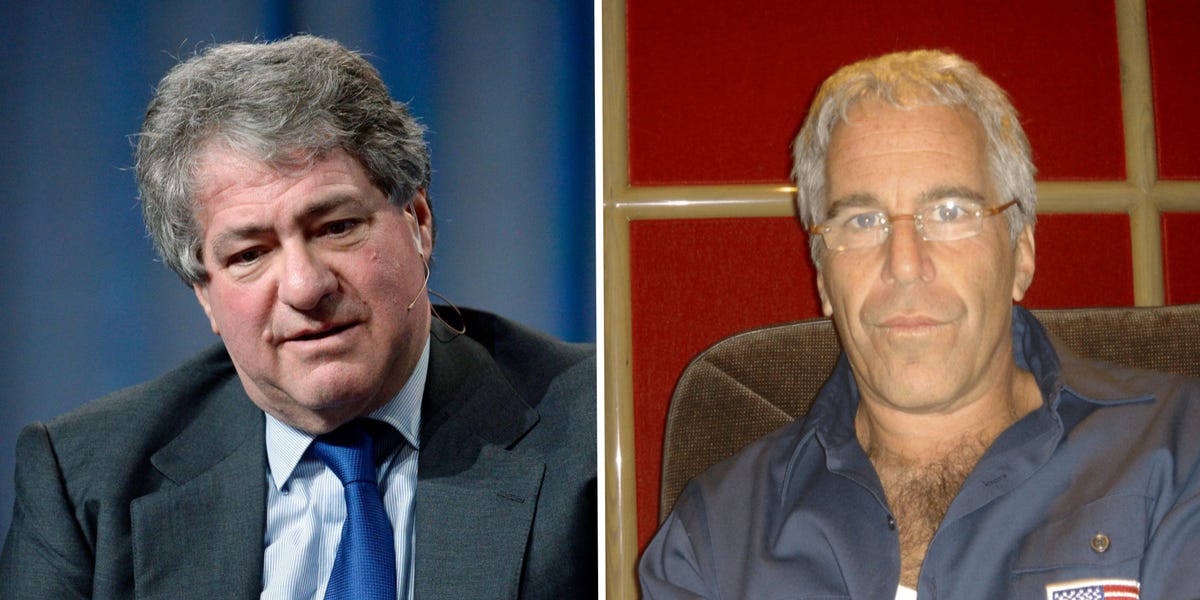 Two men shown side by side: left image shows older man in dark suit and blue tie against blue background; right image shows older man in dark shirt against red background