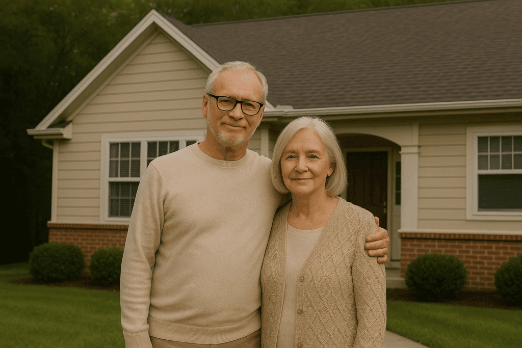 Older man and woman standing together in front of a single-story brick and siding house with landscaping