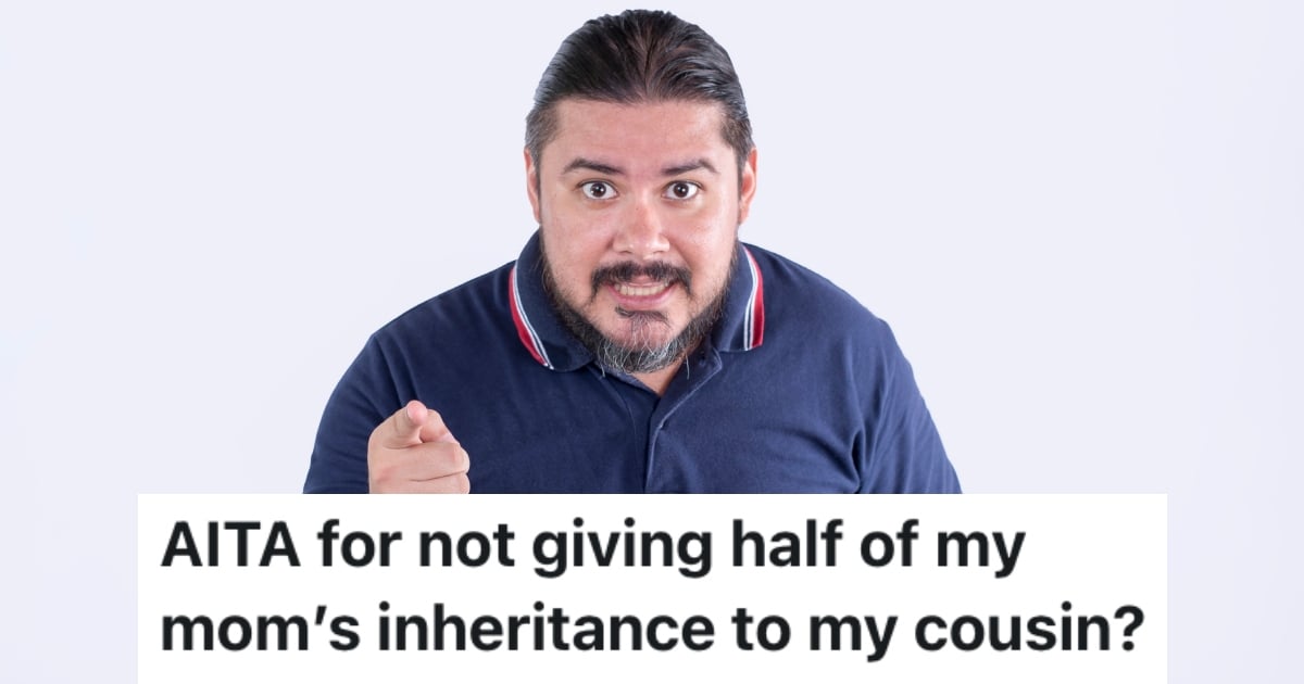 Man in dark polo shirt pointing at camera against white background with text overlay about inheritance dispute