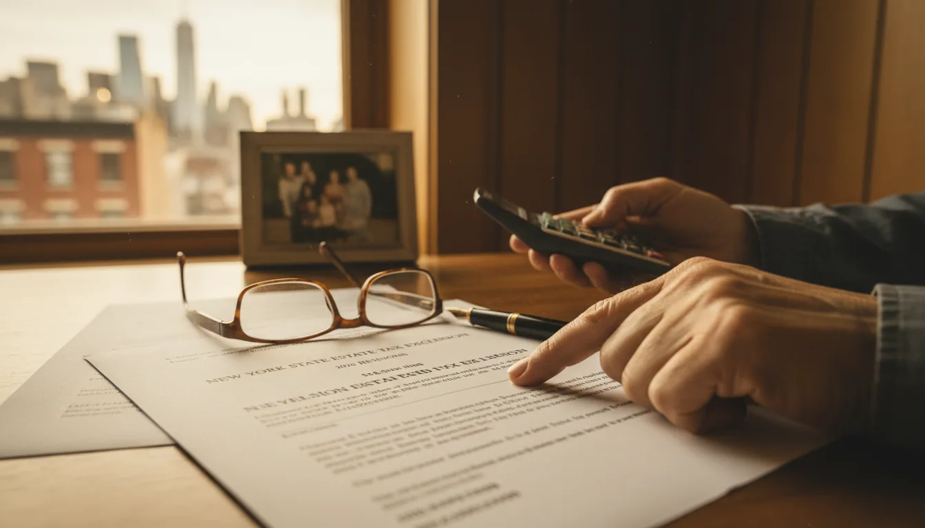 Person reviewing New York estate planning documents at desk with glasses, pen, and city skyline visible through window