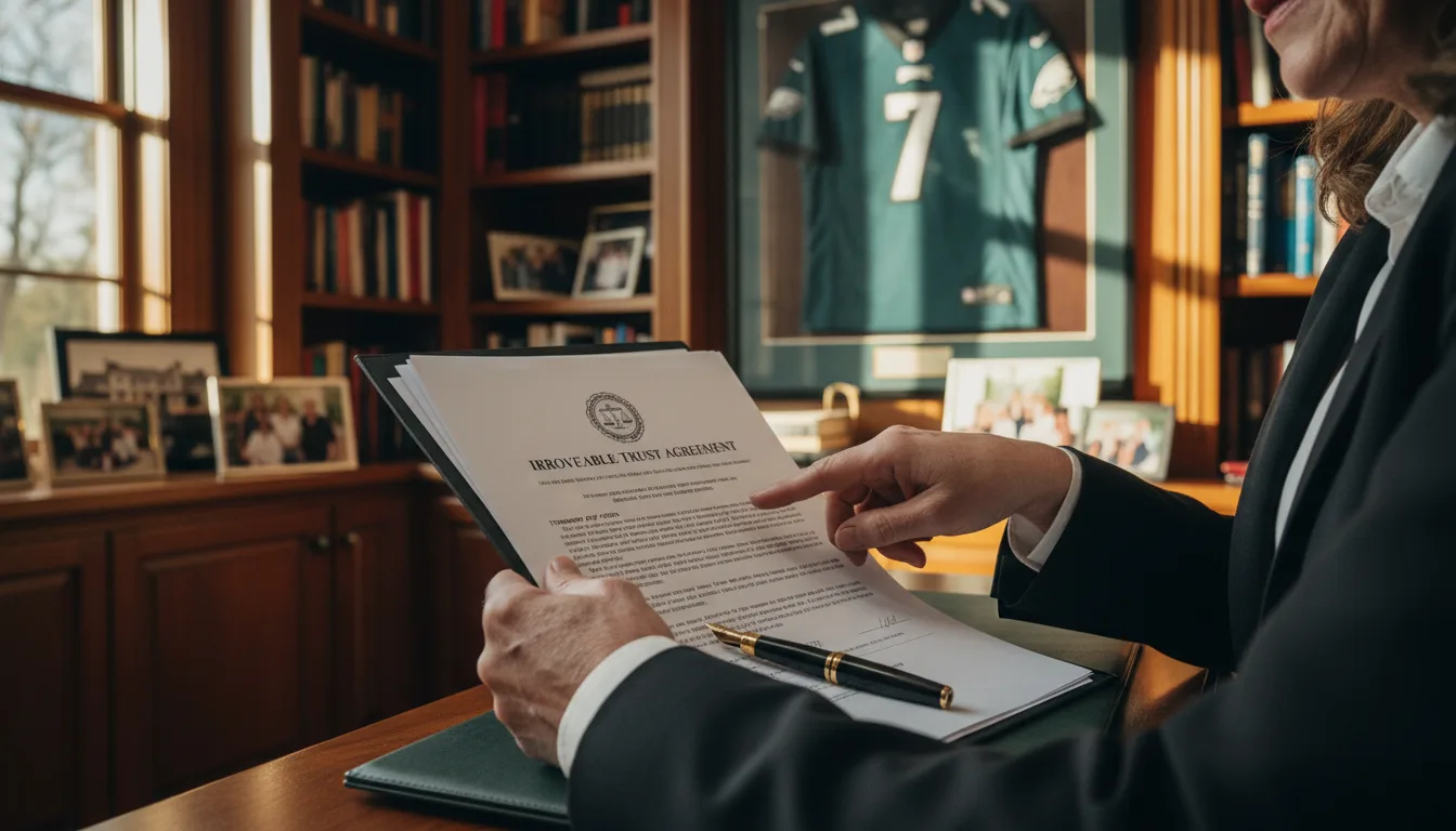 Professional in business suit reviews irrevocable trust agreement document at wooden desk in library office setting
