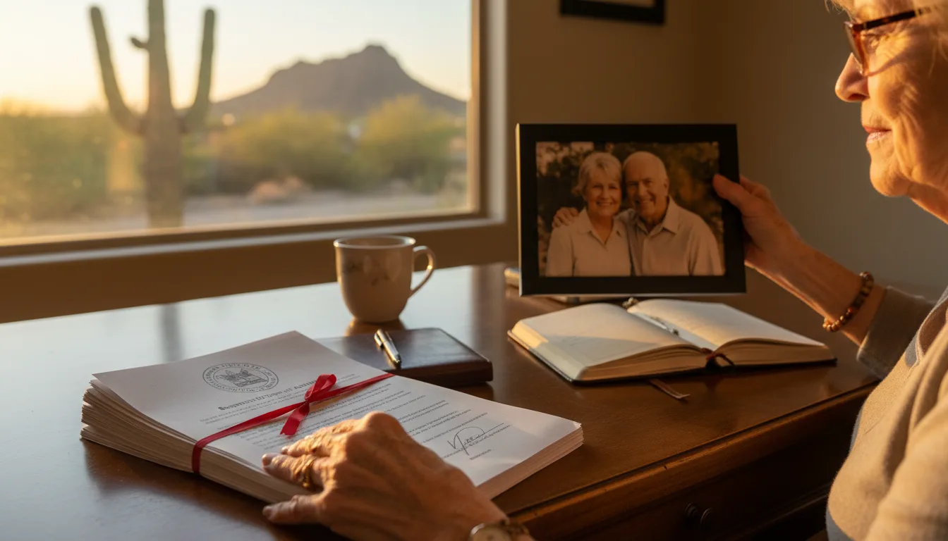 Older woman at desk reviewing documents with framed photo of couple, coffee mug, and desert mountain view through window