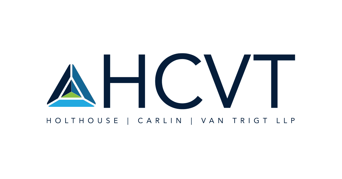 HCVT Holthouse Carlin Van Trigt LLP logo with geometric triangle icon in navy and teal