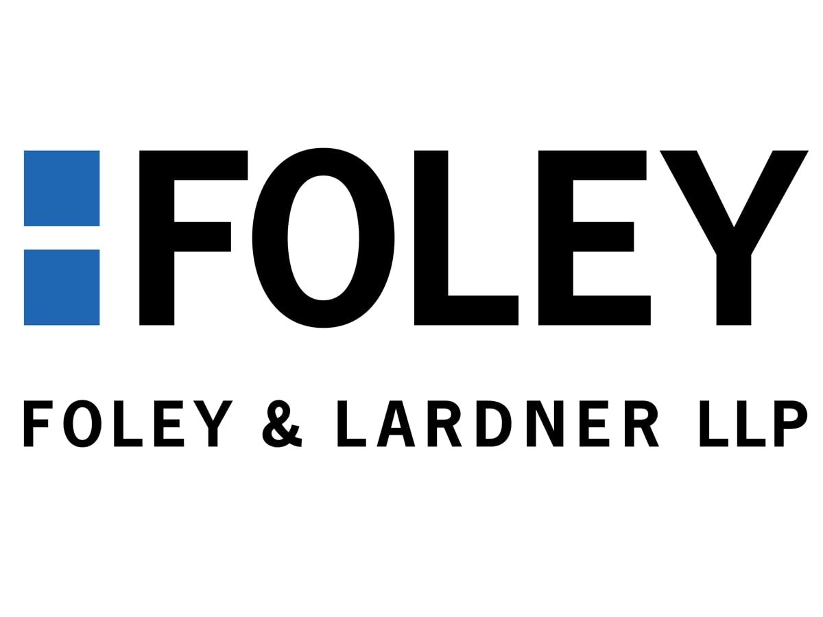 Foley & Lardner LLP logo with blue squares and black sans-serif text