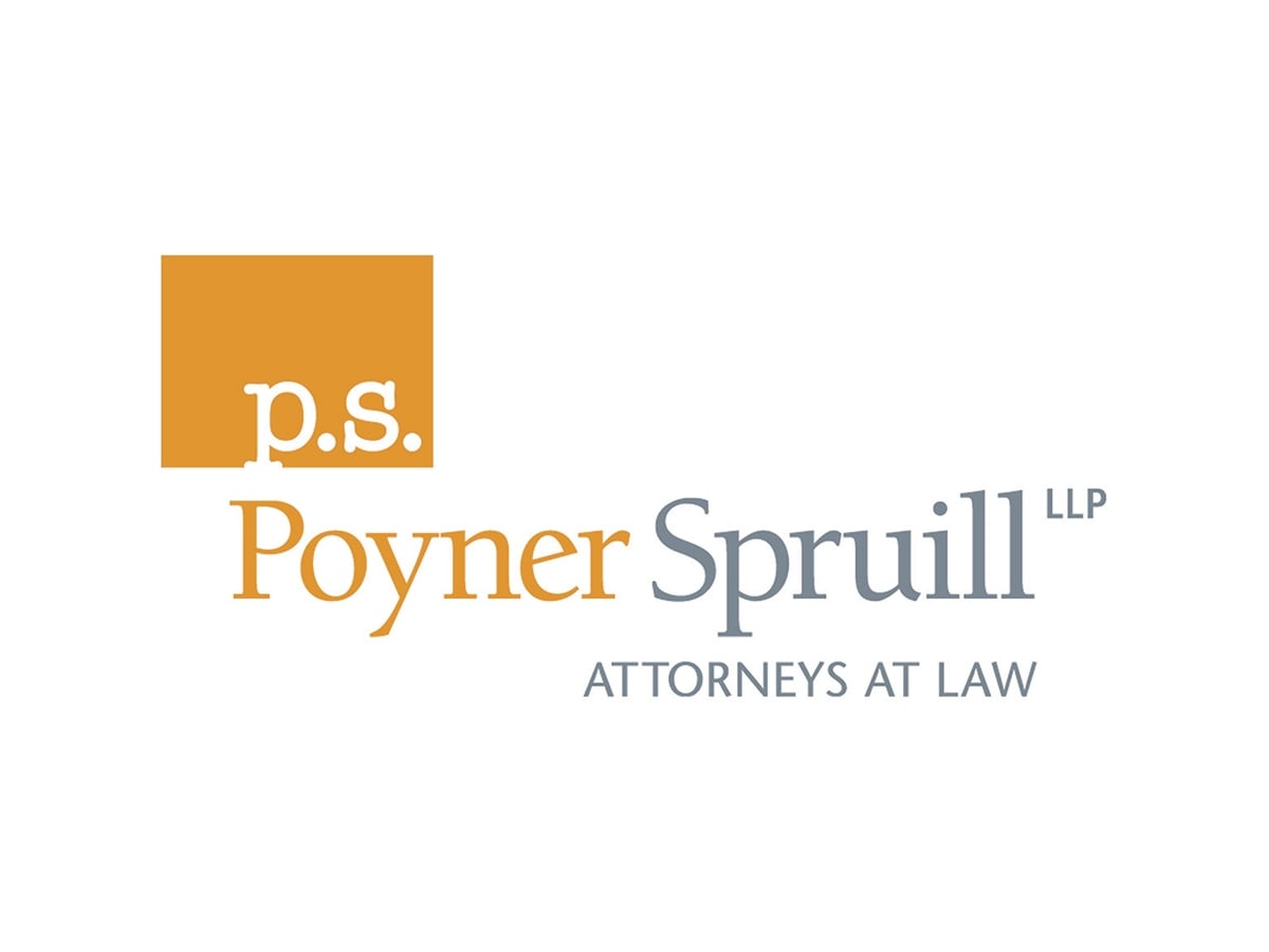 Poyner Spruill LLP logo with gold square containing "p.s." and firm name in gold and gray text