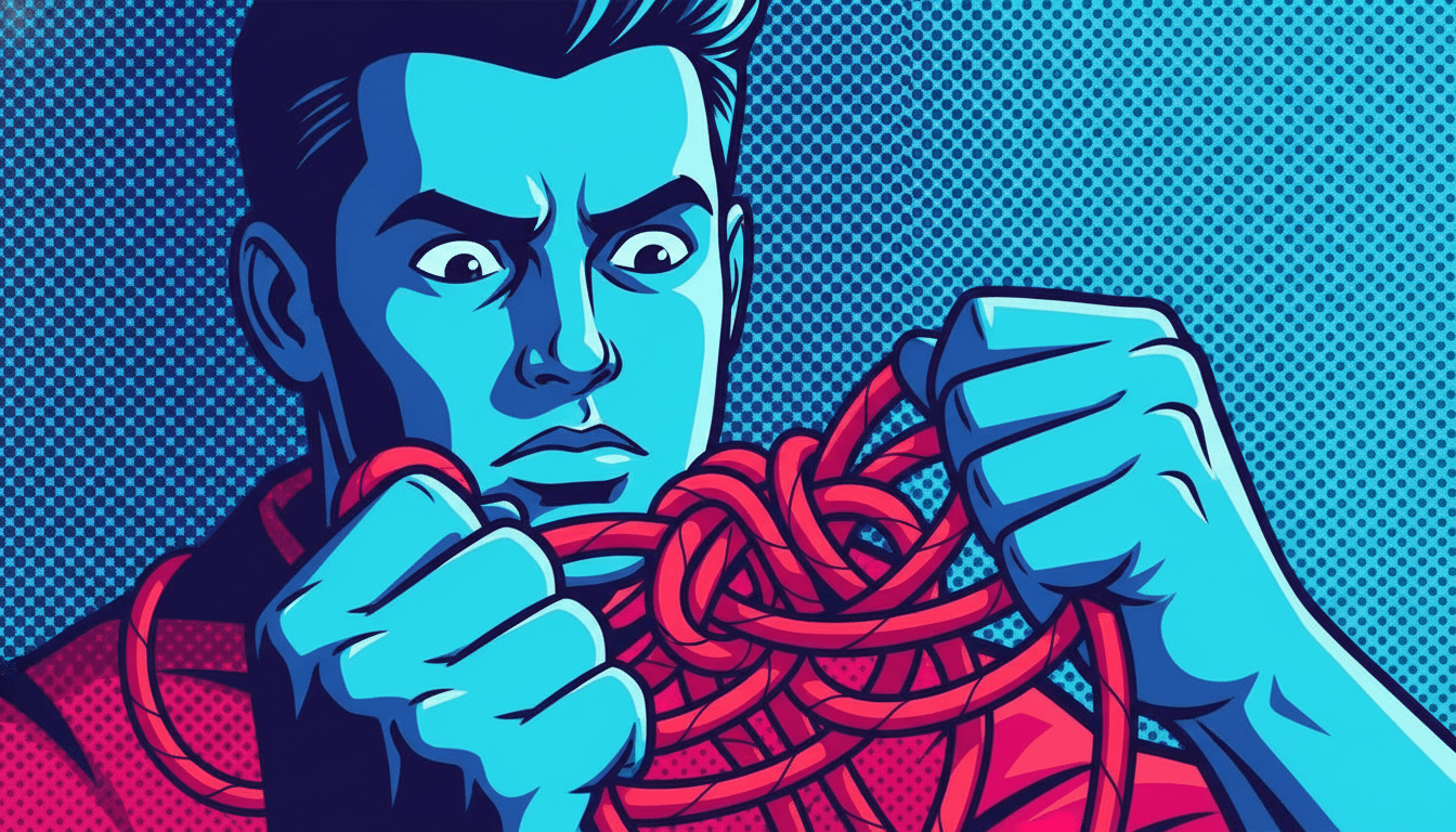A young Caucasian man struggling to untangle red string.