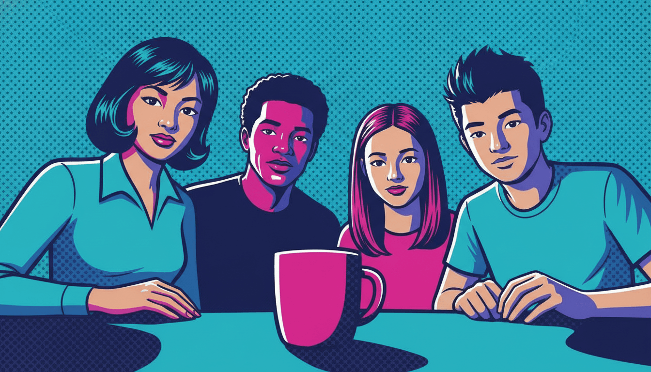 a family having a family meeting at the kitchen table