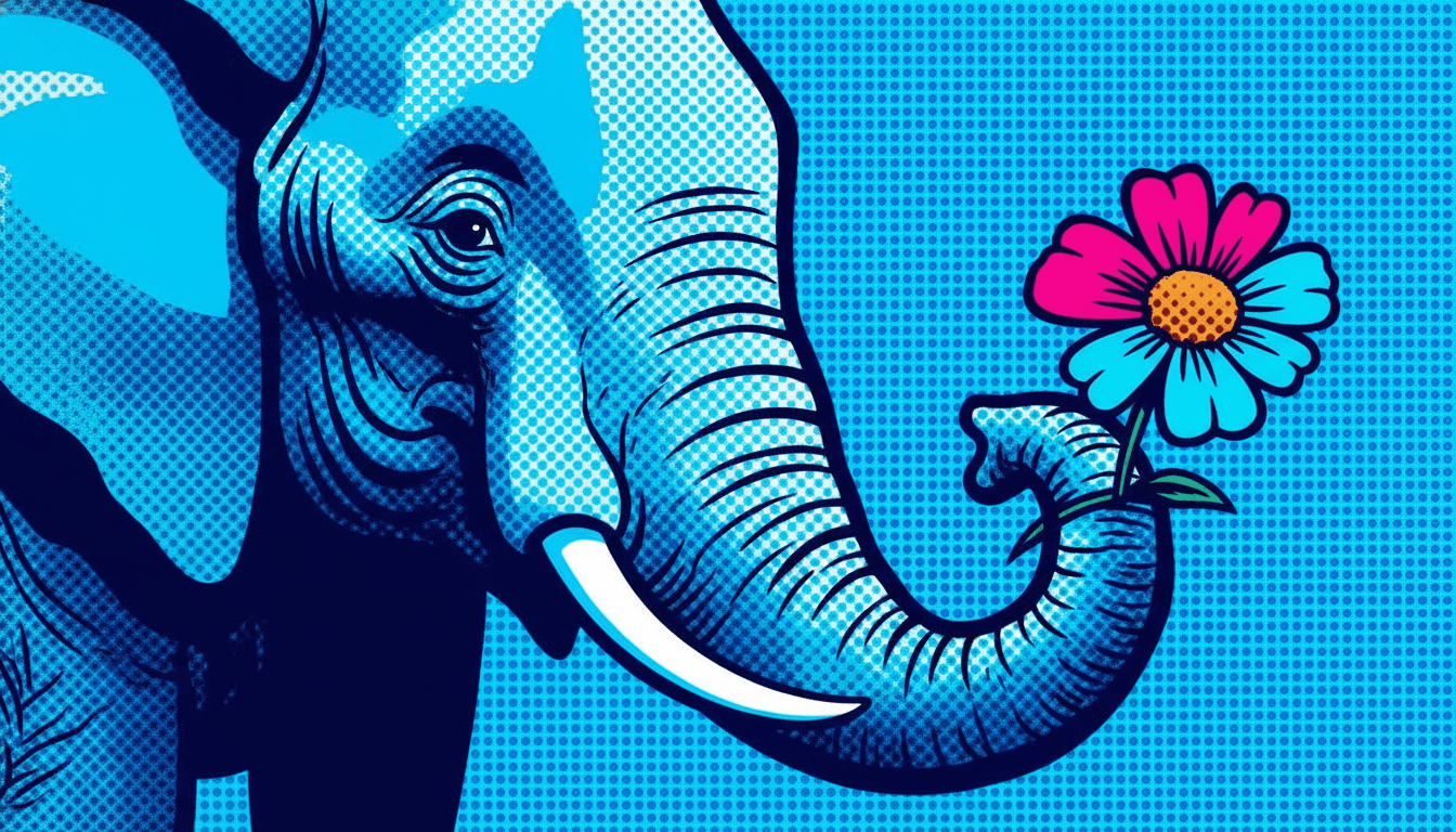 A wise old elephant gently presenting a flower