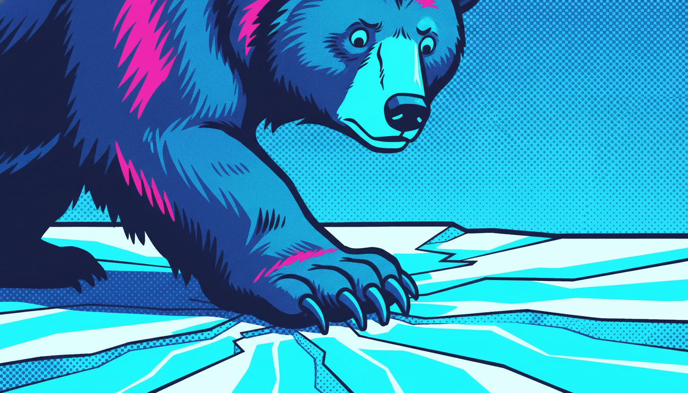 A cautious bear stepping on thin ice